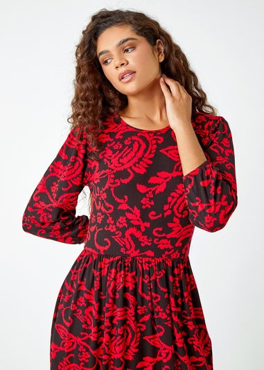 Roman Red Paisley Print Pocket Midi Stretch Dress