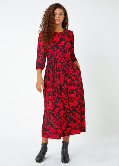 Roman Red Paisley Print Pocket Midi Stretch Dress