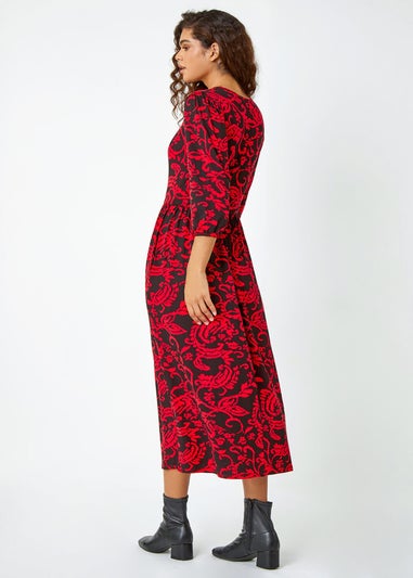 Roman Red Paisley Print Pocket Midi Stretch Dress