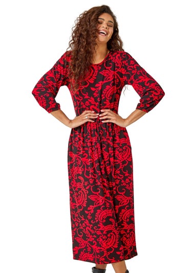 Roman Red Paisley Print Pocket Midi Stretch Dress