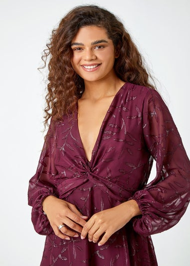 Roman Wine Textured Floral Print Twist Front Midi Dress