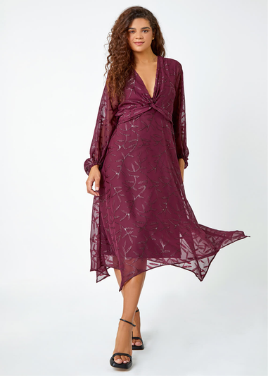 Roman Wine Textured Floral Print Twist Front Midi Dress