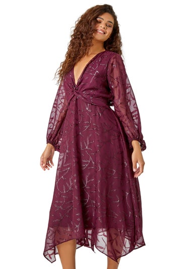 Roman Wine Textured Floral Print Twist Front Midi Dress