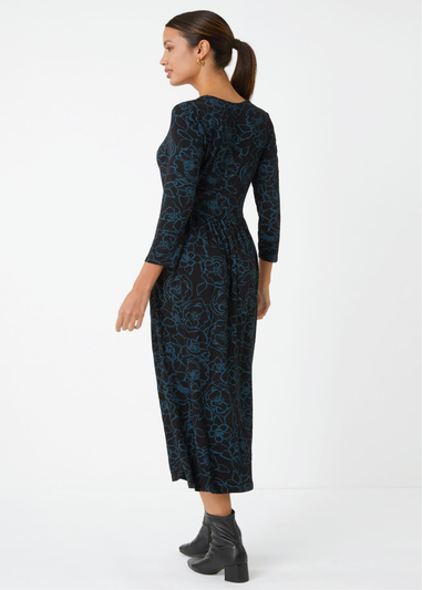 Roman Teal Floral Print Pocket Stretch Midi Dress