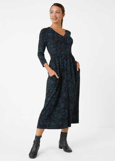 Roman Teal Floral Print Pocket Stretch Midi Dress