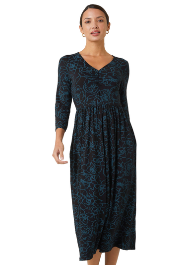 Roman Teal Floral Print Pocket Stretch Midi Dress