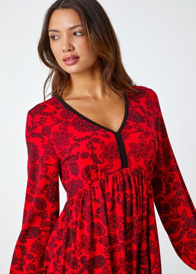 Roman Red Floral Print Stretch Jersey Dress