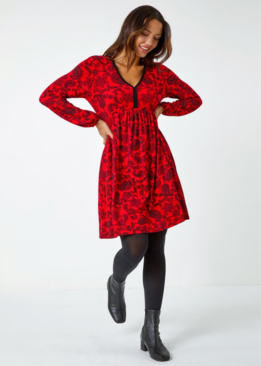 Roman Red Floral Print Stretch Jersey Dress