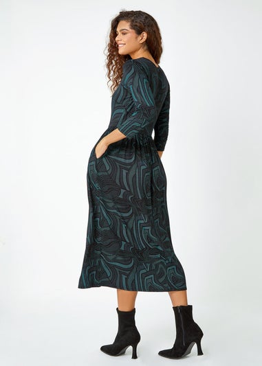 Roman Green Abstract Print Pocket Midi Stretch Dress