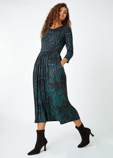 Roman Green Abstract Print Pocket Midi Stretch Dress