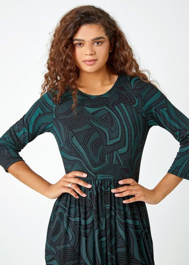 Roman Green Abstract Print Pocket Midi Stretch Dress