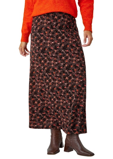 Roman Chocolate Cotton Blend Ditsy Print Midi Skirt