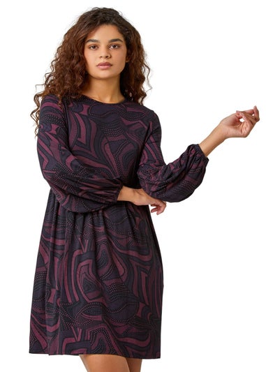 Roman Fuchsia Swirl Print Pocket Stretch Smock Dress