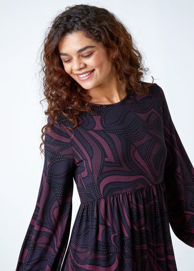 Roman Fuchsia Swirl Print Pocket Stretch Smock Dress