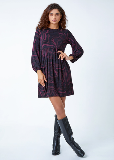 Roman Fuchsia Swirl Print Pocket Stretch Smock Dress