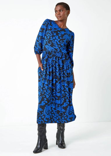 Roman Blue  Paisley Print Pocket Midi Stretch Dress