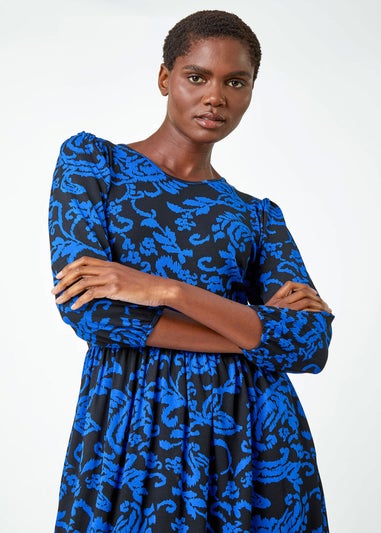 Roman Blue  Paisley Print Pocket Midi Stretch Dress