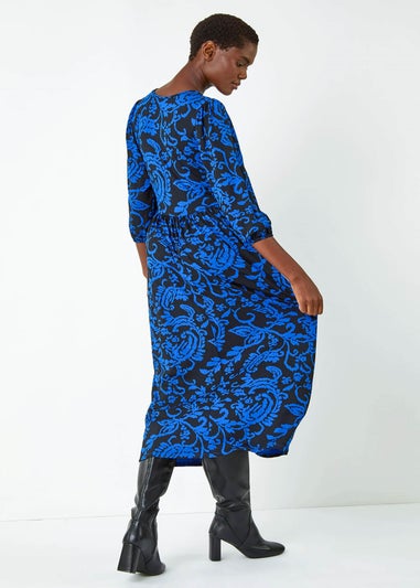 Roman Blue  Paisley Print Pocket Midi Stretch Dress