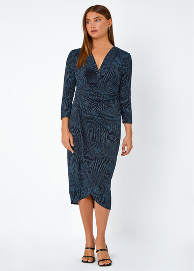 Roman Royal Blue Glitter Print Wrap Midi Stretch Dress