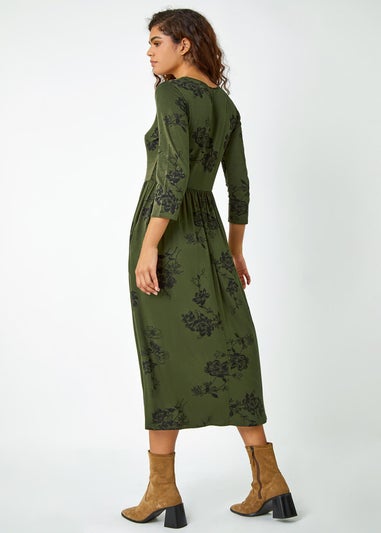 Roman Khaki Floral Print Midi Stretch Dress