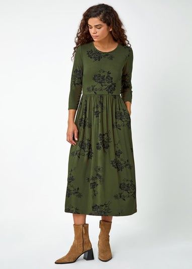 Roman Khaki Floral Print Midi Stretch Dress