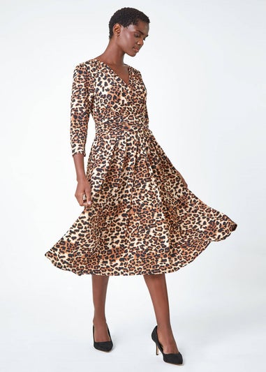 Roman Camel Leopard Print Mock Wrap Midi Stretch Dress