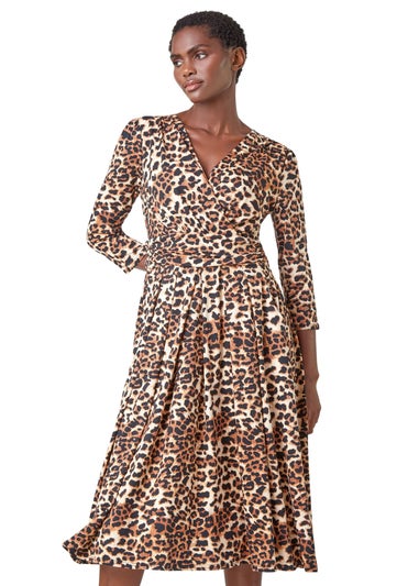Roman Camel Leopard Print Mock Wrap Midi Stretch Dress