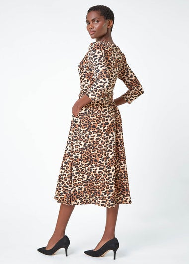 Roman Camel Leopard Print Mock Wrap Midi Stretch Dress