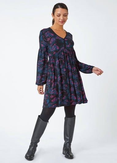 Roman Black Paisley Print Stretch Jersey Dress