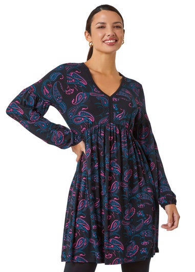 Roman Black Paisley Print Stretch Jersey Dress