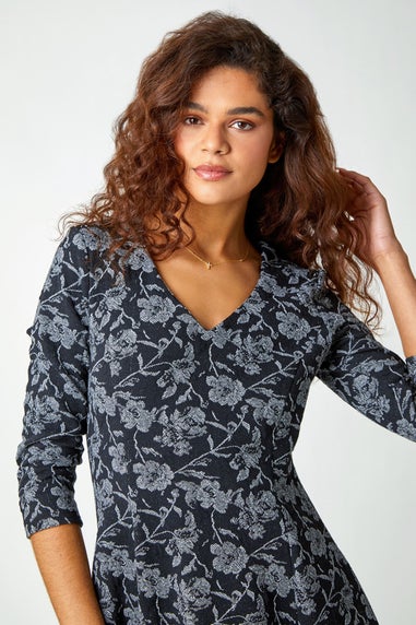 Roman Black Rose Print Cotton Blend Stretch Dress