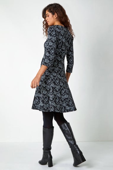 Roman Black Rose Print Cotton Blend Stretch Dress