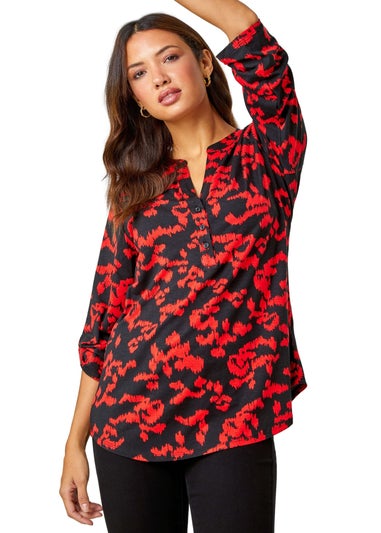 Roman Red Abstract Animal Print Stretch Blouse