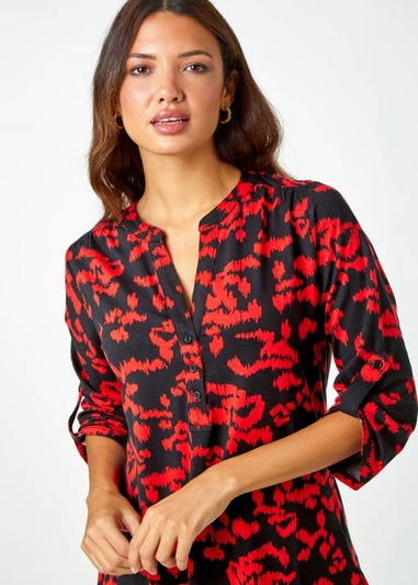 Roman Red Abstract Animal Print Stretch Blouse