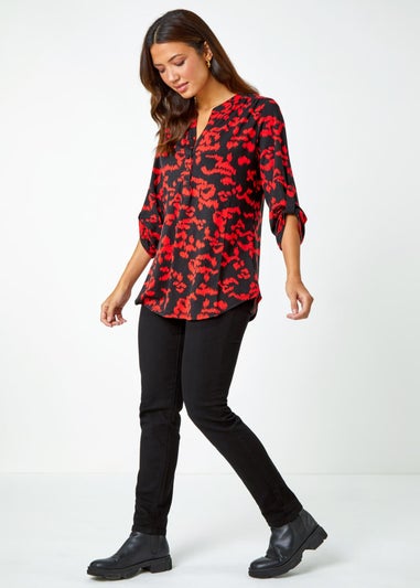 Roman Red Abstract Animal Print Stretch Blouse