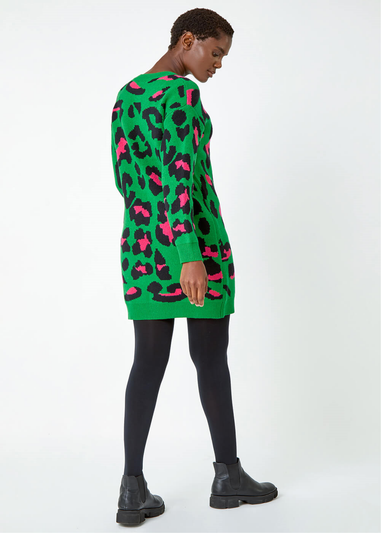 Roman Green Leopard Print Knitted Jumper Dress