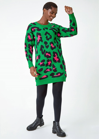 Roman Green Leopard Print Knitted Jumper Dress