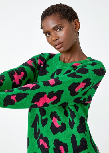 Roman Green Leopard Print Knitted Jumper Dress