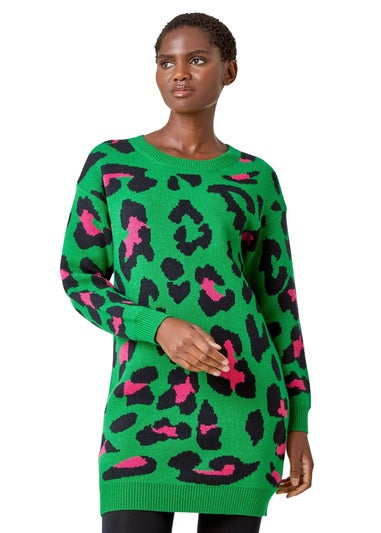 Roman Green Leopard Print Knitted Jumper Dress