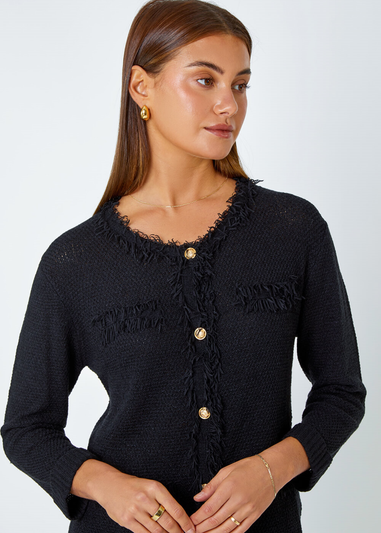 Roman Black Button Detail Fringe Knit Jacket