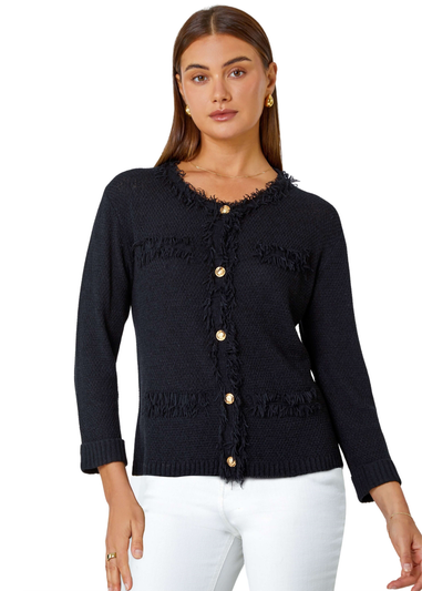 Roman Black Button Detail Fringe Knit Jacket