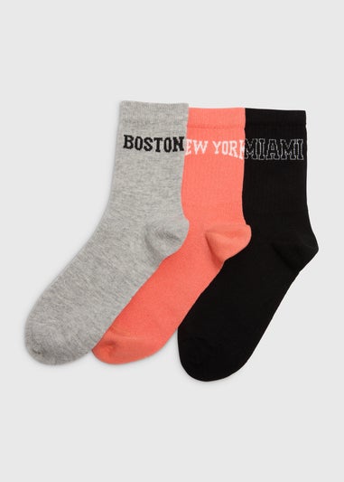 Girls 3 Pack Multicolour Collegiate Ankle Socks (2-12yrs)