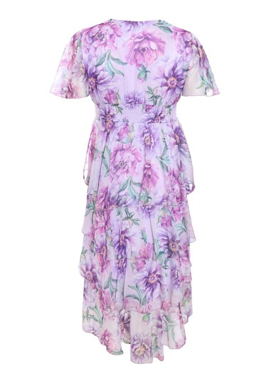 Quiz Lilac Curve Floral Dip Hem Tiered Midi Dress