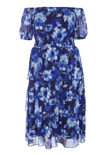 Quiz Blue Curve Chiffon Floral Bardot Midi Dress