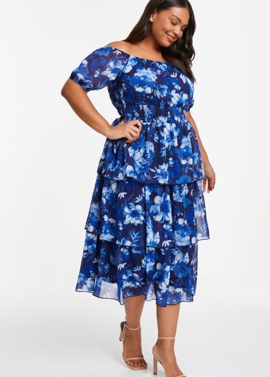 Quiz Blue Curve Chiffon Floral Bardot Midi Dress