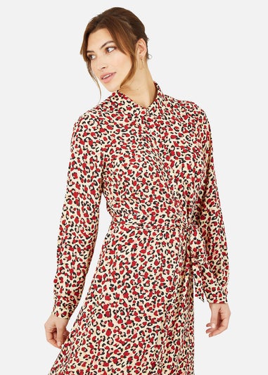 Yumi Red Leopard Print Long Sleeve Shirt Dress