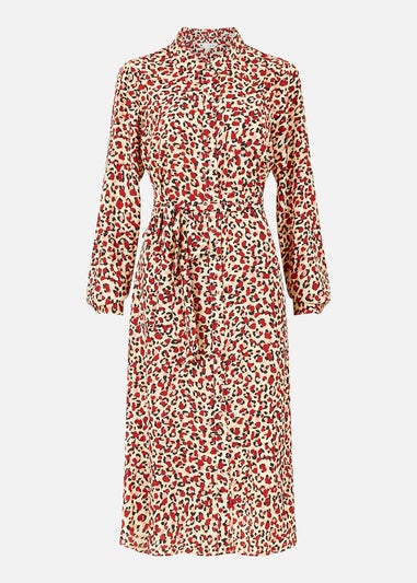 Yumi Red Leopard Print Long Sleeve Shirt Dress