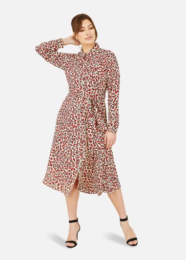 Yumi Red Leopard Print Long Sleeve Shirt Dress
