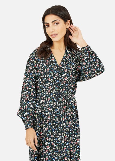 Yumi Black Ditsy Print Long Sleeve Shirt  Midi Dress