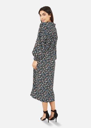 Yumi Black Ditsy Print Long Sleeve Shirt  Midi Dress